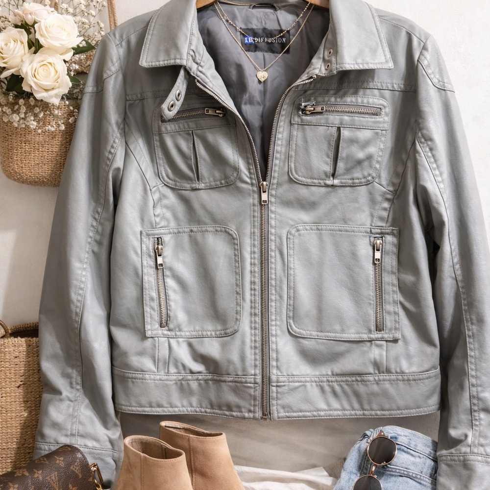 Light Gray Leather Zip-Front Jacket